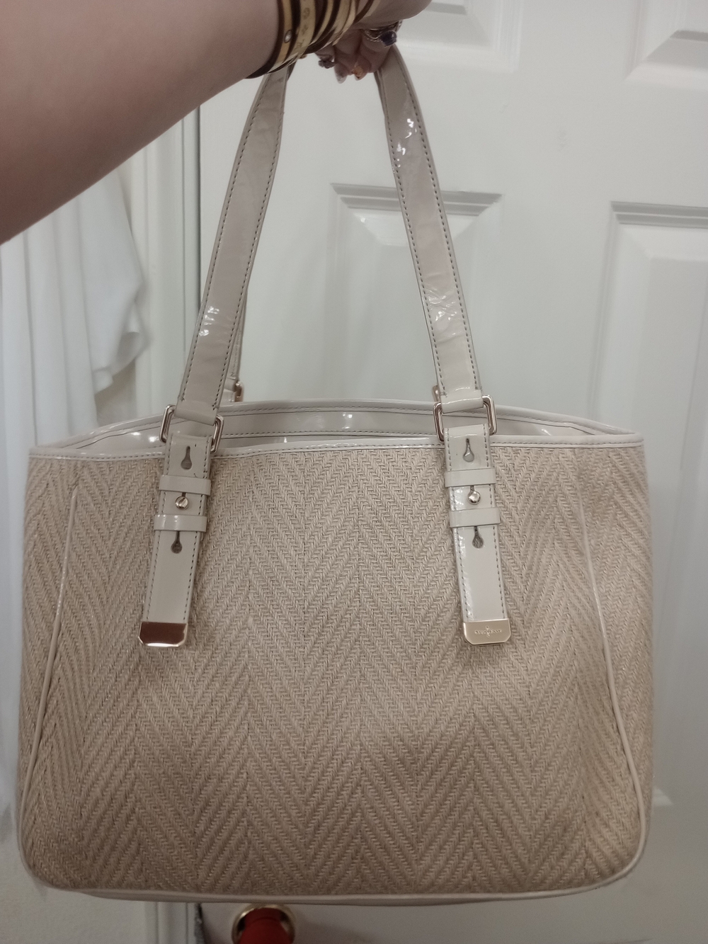 Cole Haan Beige Woven Shoulder Bag with Patent Trim